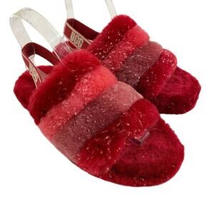 Ugg Red Fluff Yeah Slipper Slide Sandals Metallic Gold Accent Women's Size 6 EUC